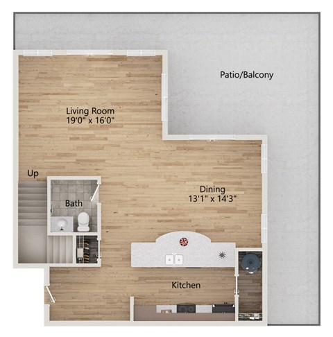 A floor plan of a house with a living room, dining area, kitchen, and bathroom.